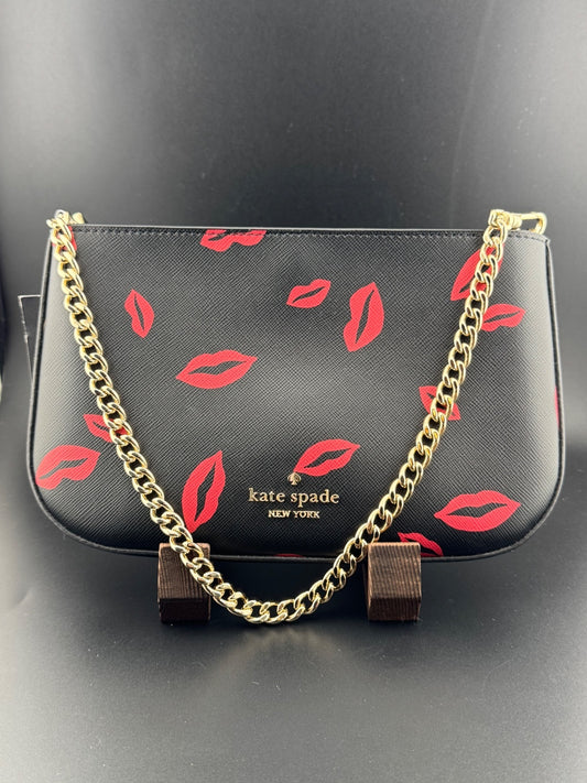 Kate Spade New York Black Leather Shoulder Bag with Red Lips