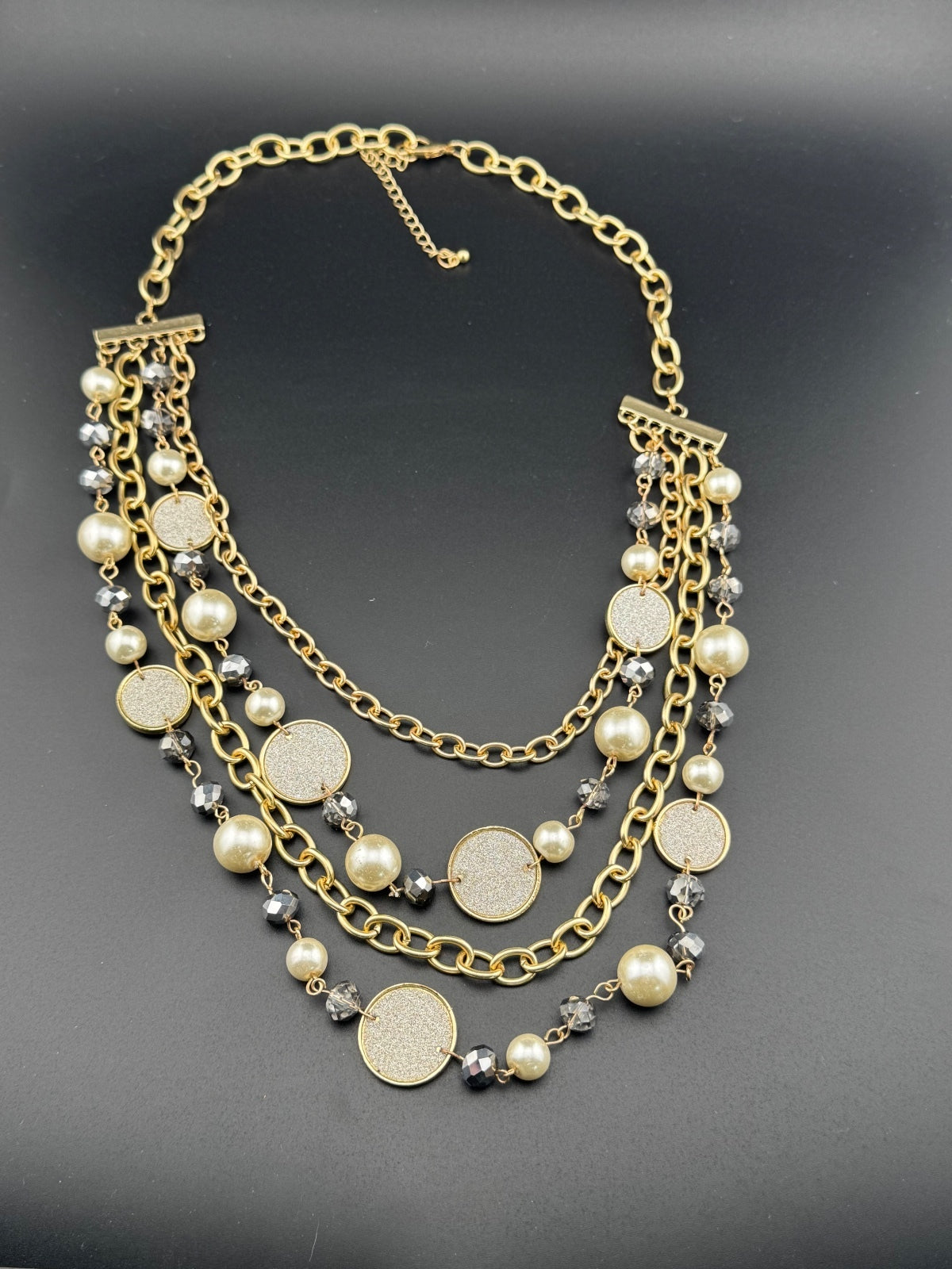 Multi-Strand Gold Tone Necklace with Pearl and Bead-