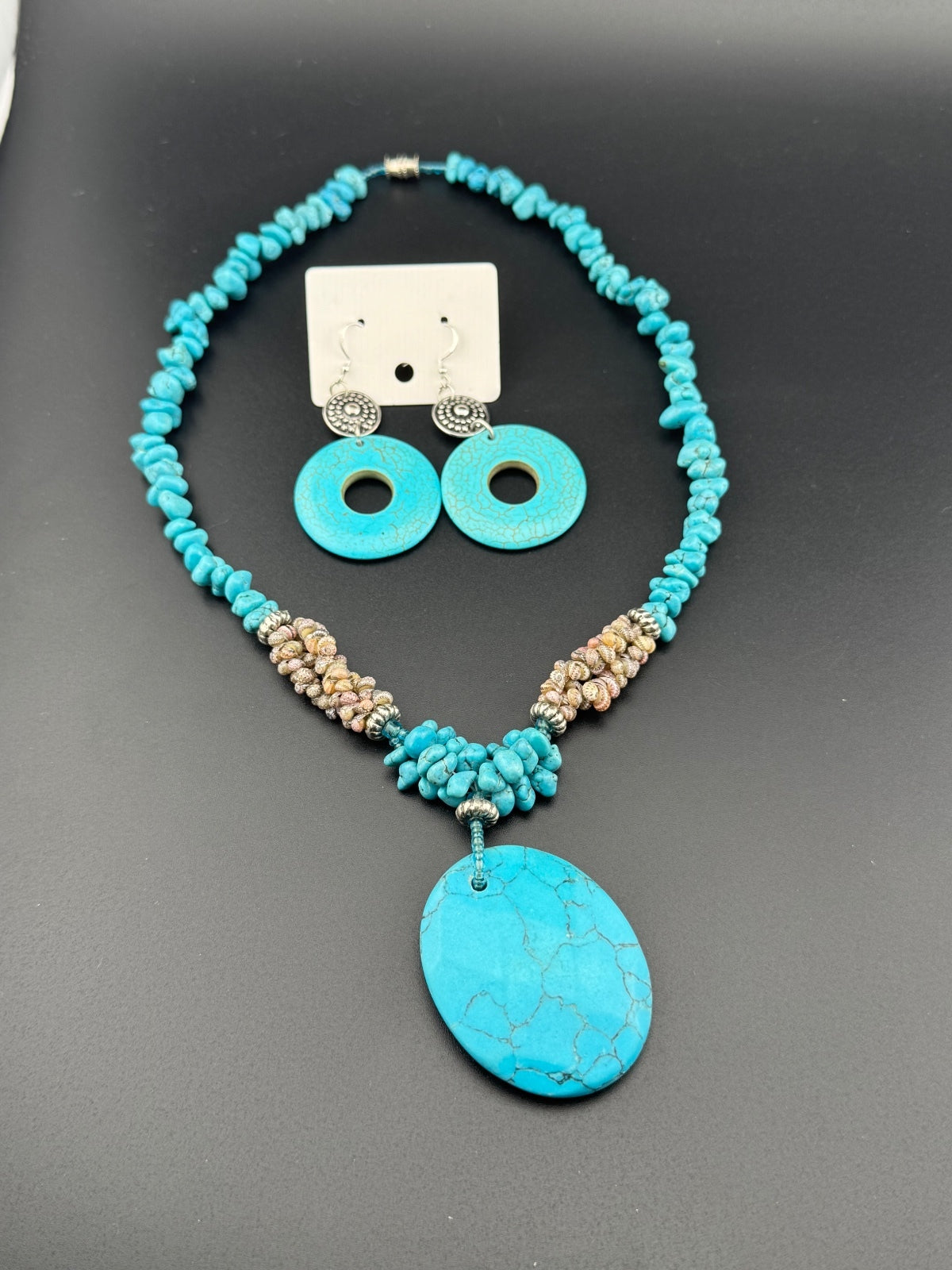 Turquoise Stone Necklace and Earrings Set with Silver Accent