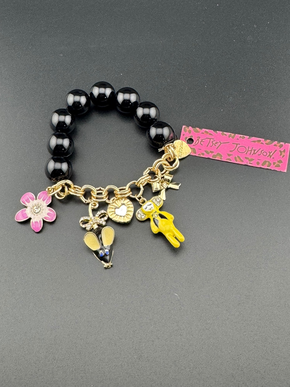 Betsey Johnson Black Beaded Charm Bracelet with Yellow Mouse