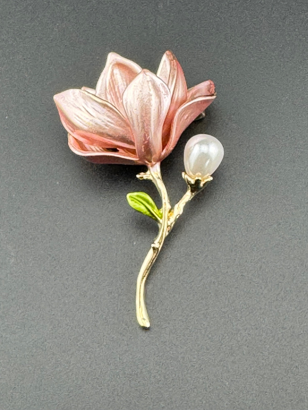 Elegant Pink Flower Brooch with Pearl Accent and Gold Stem