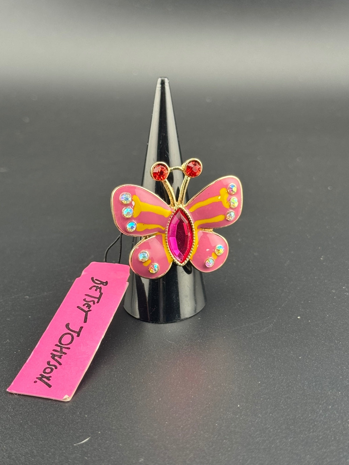 Betsey Johnson Pink Butterfly Ring with Rhinestones Size 7