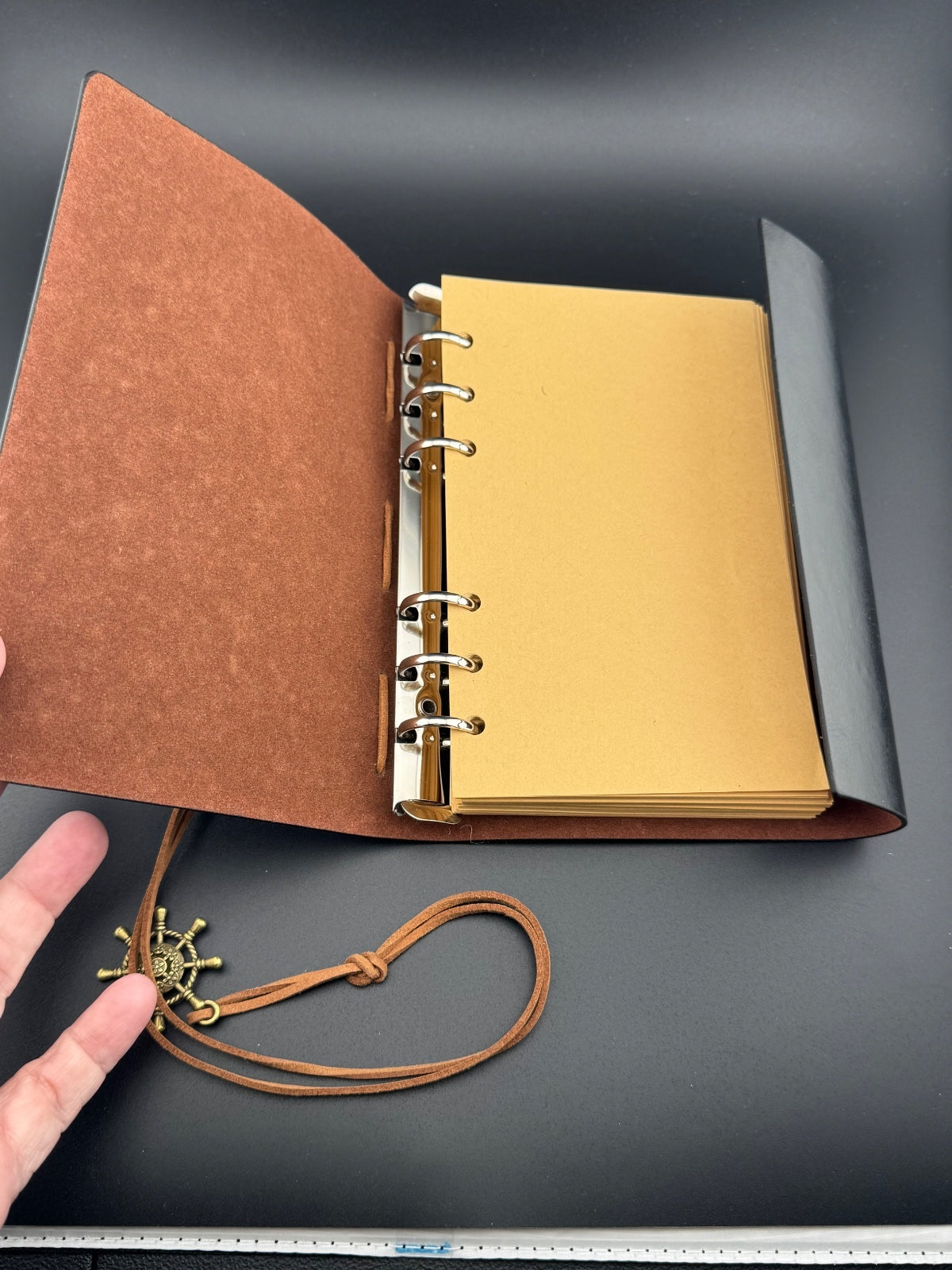 Black Leather Nautical Charm Ring Binder Journal Notebook