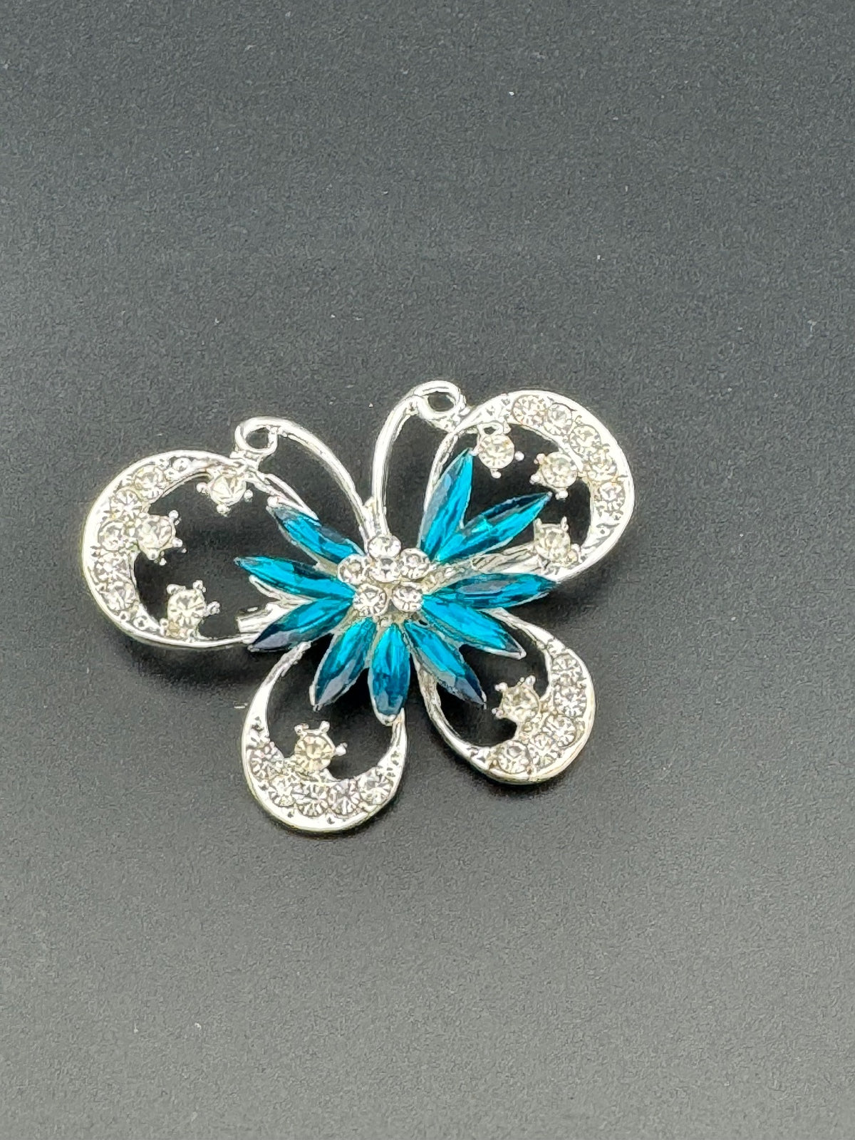 Silver Tone Blue Crystal Butterfly Brooch Pin
