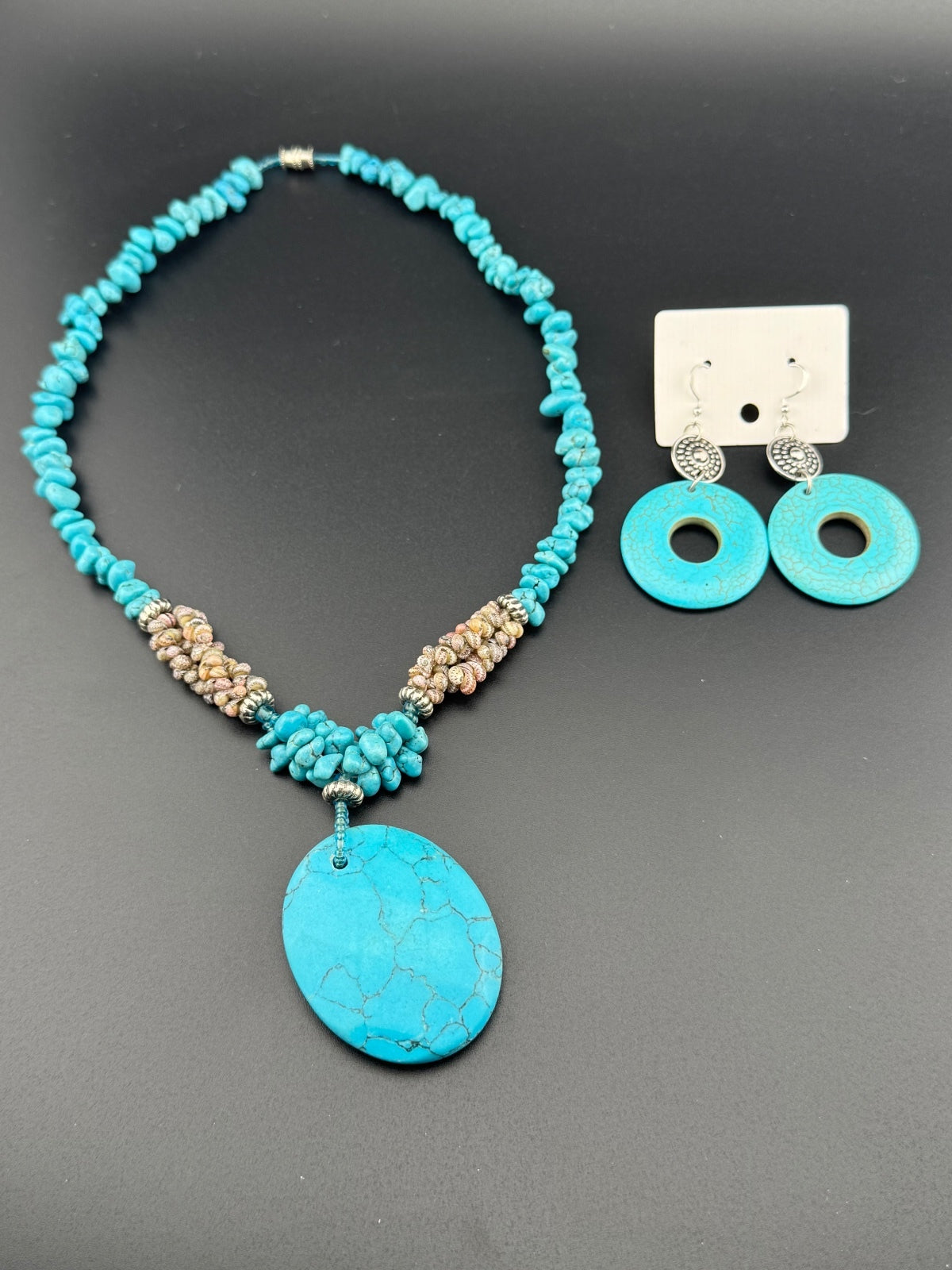 Turquoise Stone Necklace and Earrings Set with Silver Accent