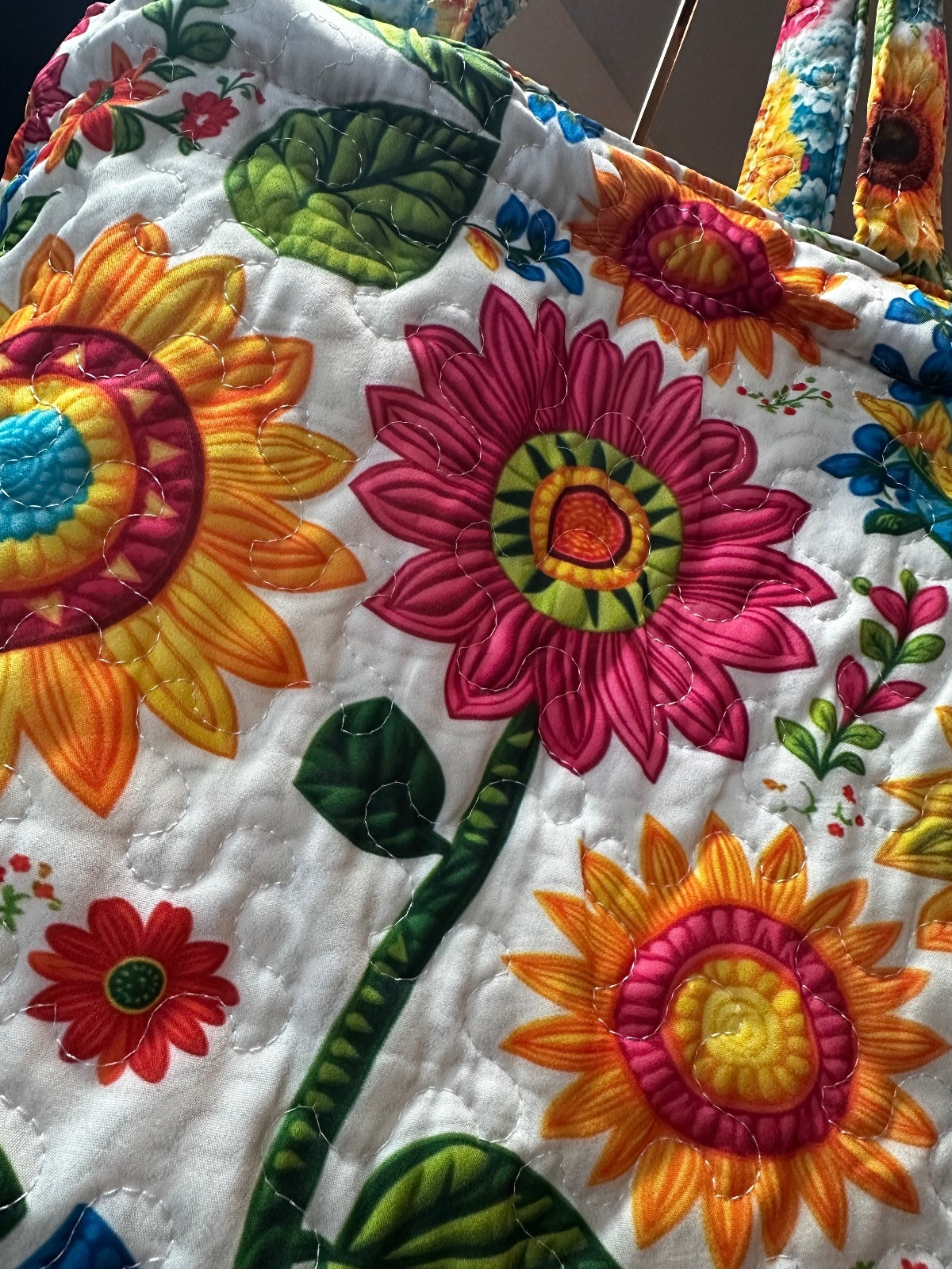 Handmade Quilted Floral Tote Bag with Colorful Sunflowers