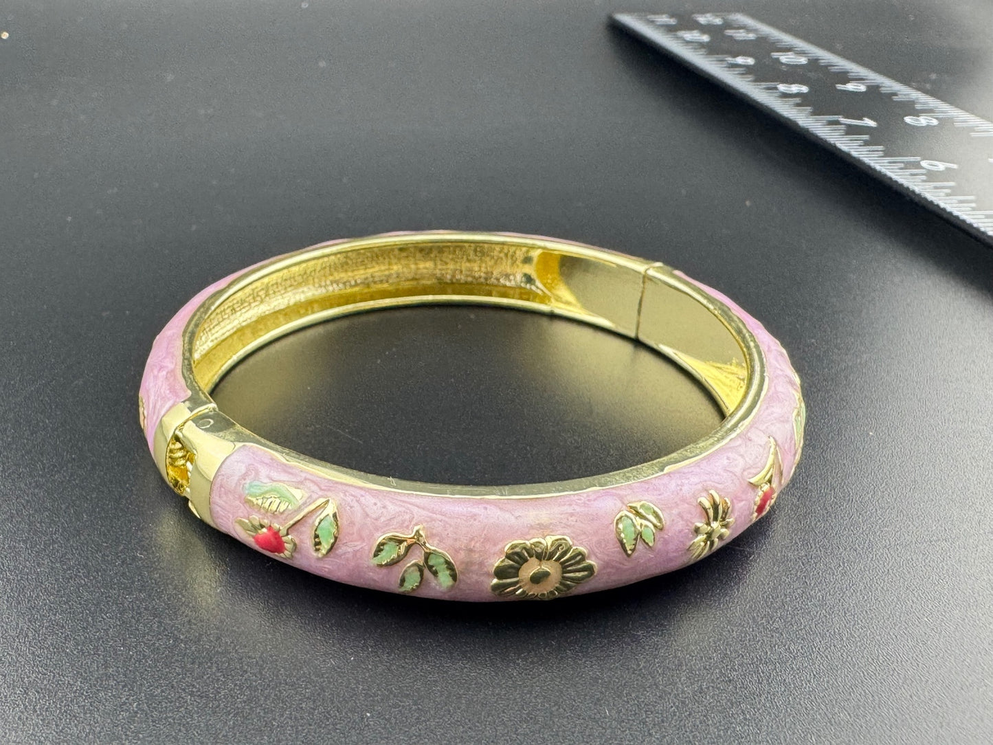 Lavender Floral Enamel Gold Tone Bangle Bracelet