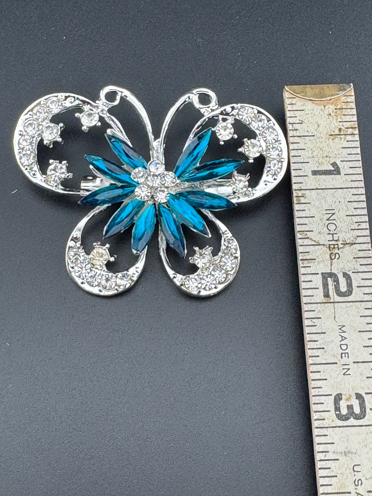 Silver Tone Blue Crystal Butterfly Brooch Pin