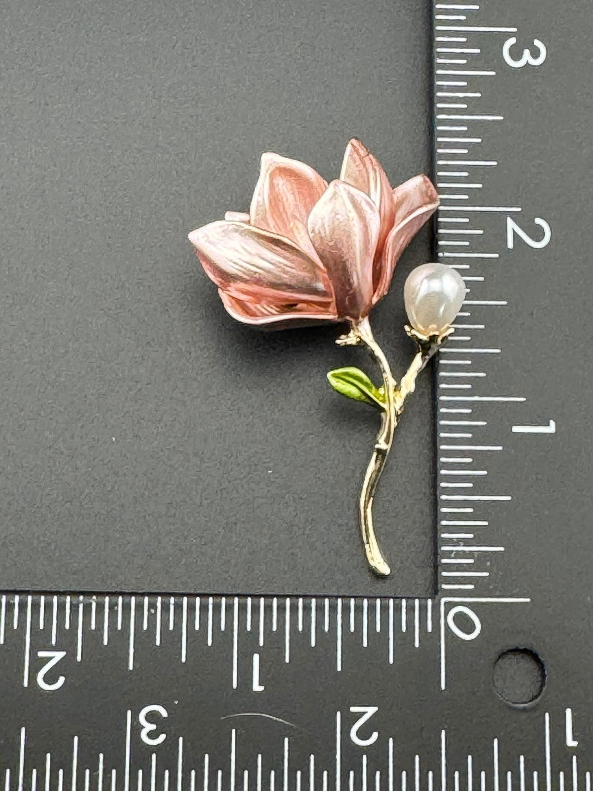 Elegant Pink Flower Brooch with Pearl Accent and Gold Stem