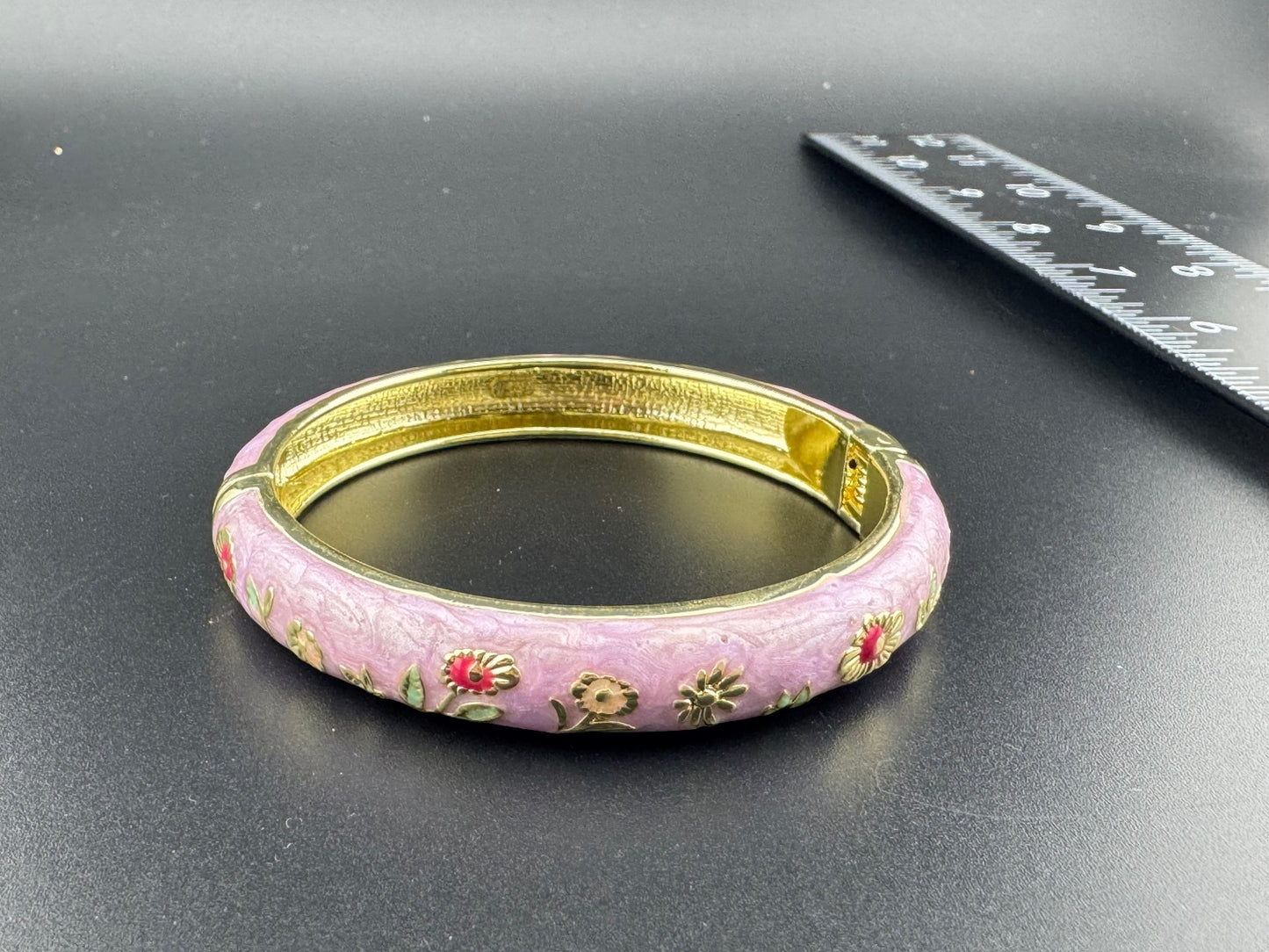 Lavender Floral Enamel Gold Tone Bangle Bracelet