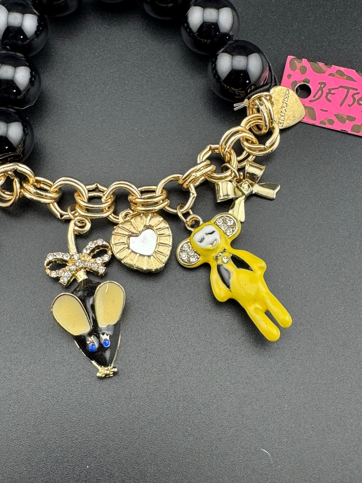 Betsey Johnson Black Beaded Charm Bracelet with Yellow Mouse