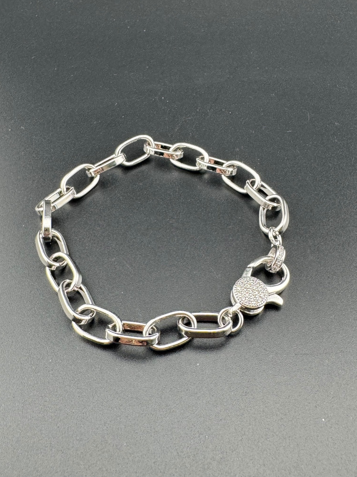 Silver Tone Chain Link Bracelet with Pavé Clasp