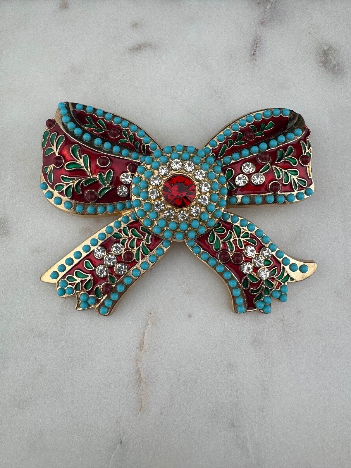 Decorative Bow Brooch with Red and Turquoise Accents