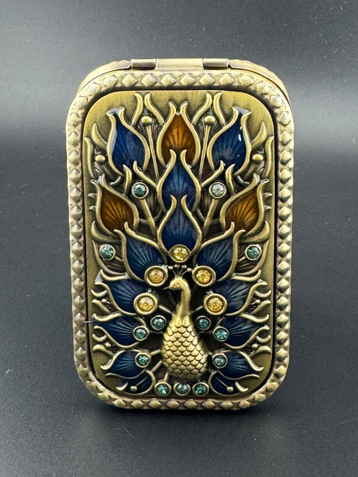 Brass Peacock Compact Mirror with Enamel and Rhinestones