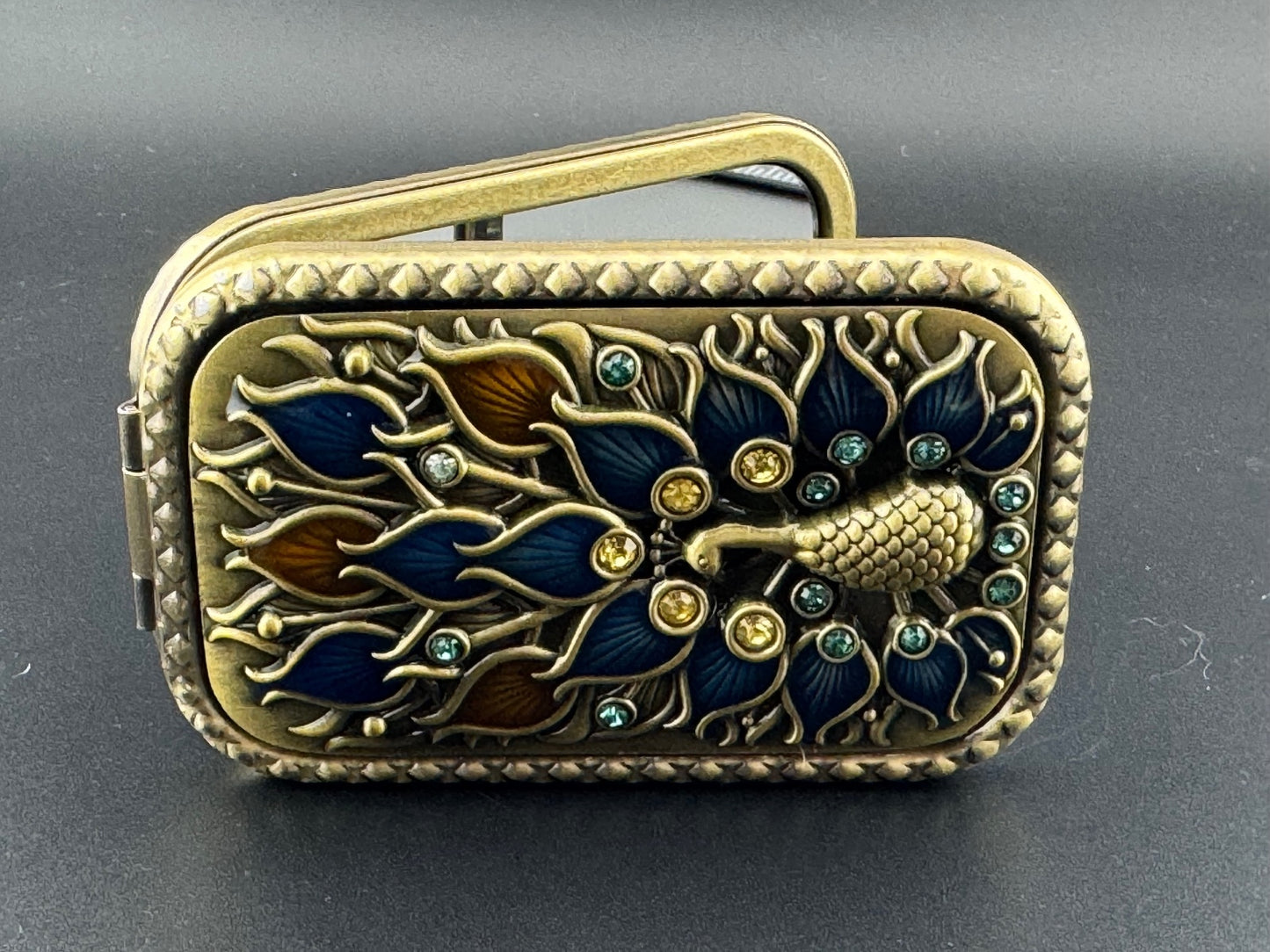 Brass Peacock Compact Mirror with Enamel and Rhinestones