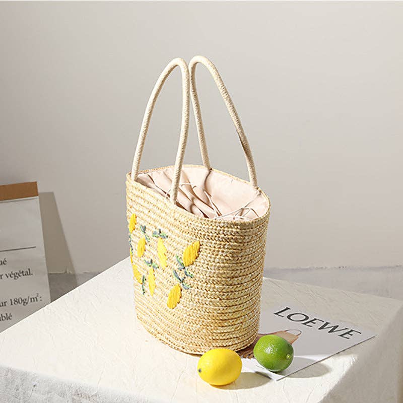 Handwoven Embroidered Lemon Straw Tote Bag: Machine-Sewn Lemon