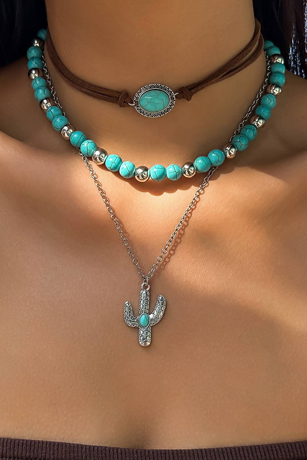Beading Cactus Charm 3pcs Layered Necklace: Turquoise