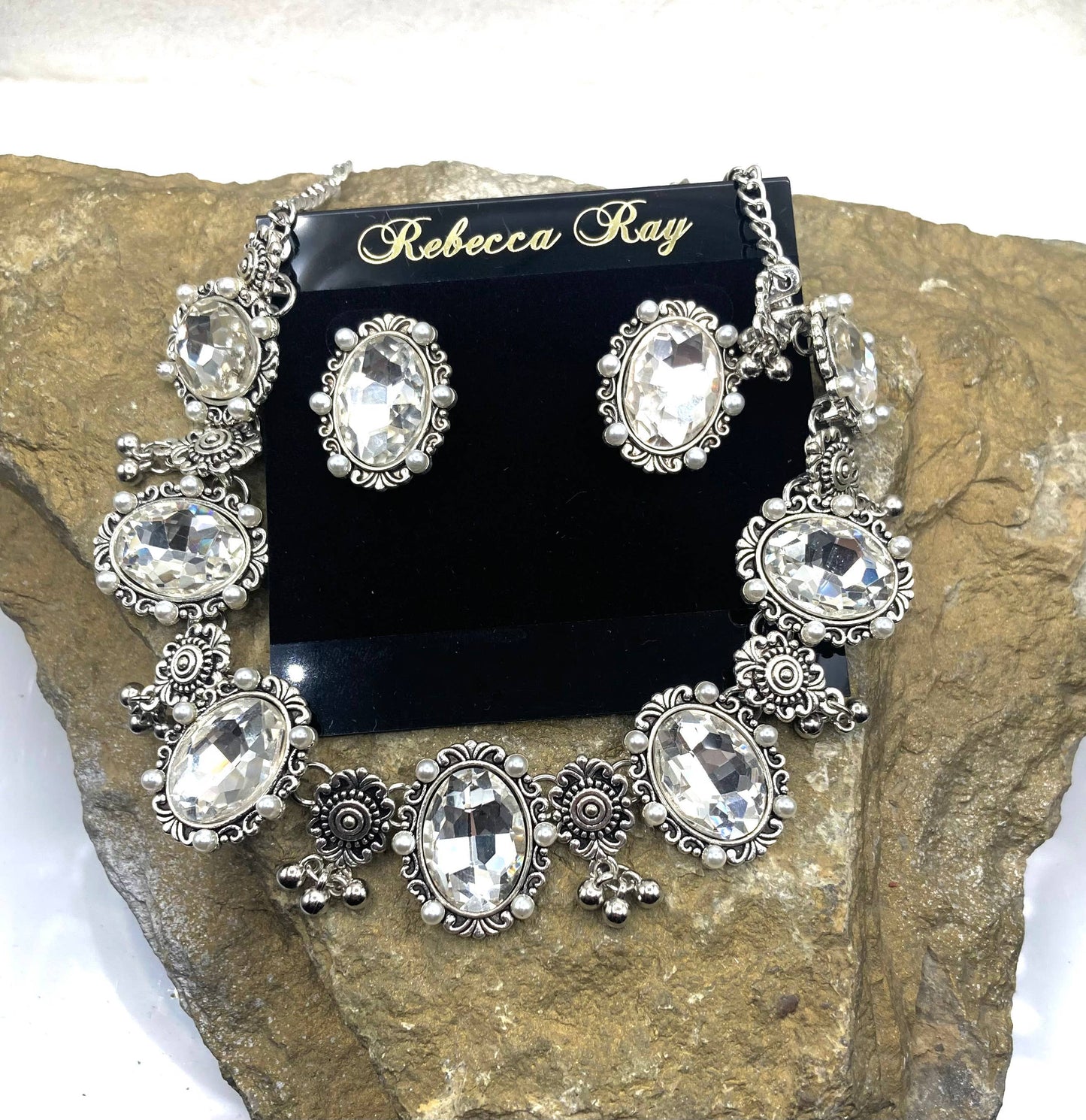 Vintage Crystal and Pearl Statement Necklace and Earring Set