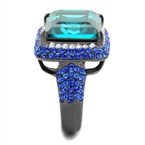 TK2811 - IP Light Black  (IP Gun) Stainless Steel Ring with Top Grade Crystal  in Blue Zircon: 6