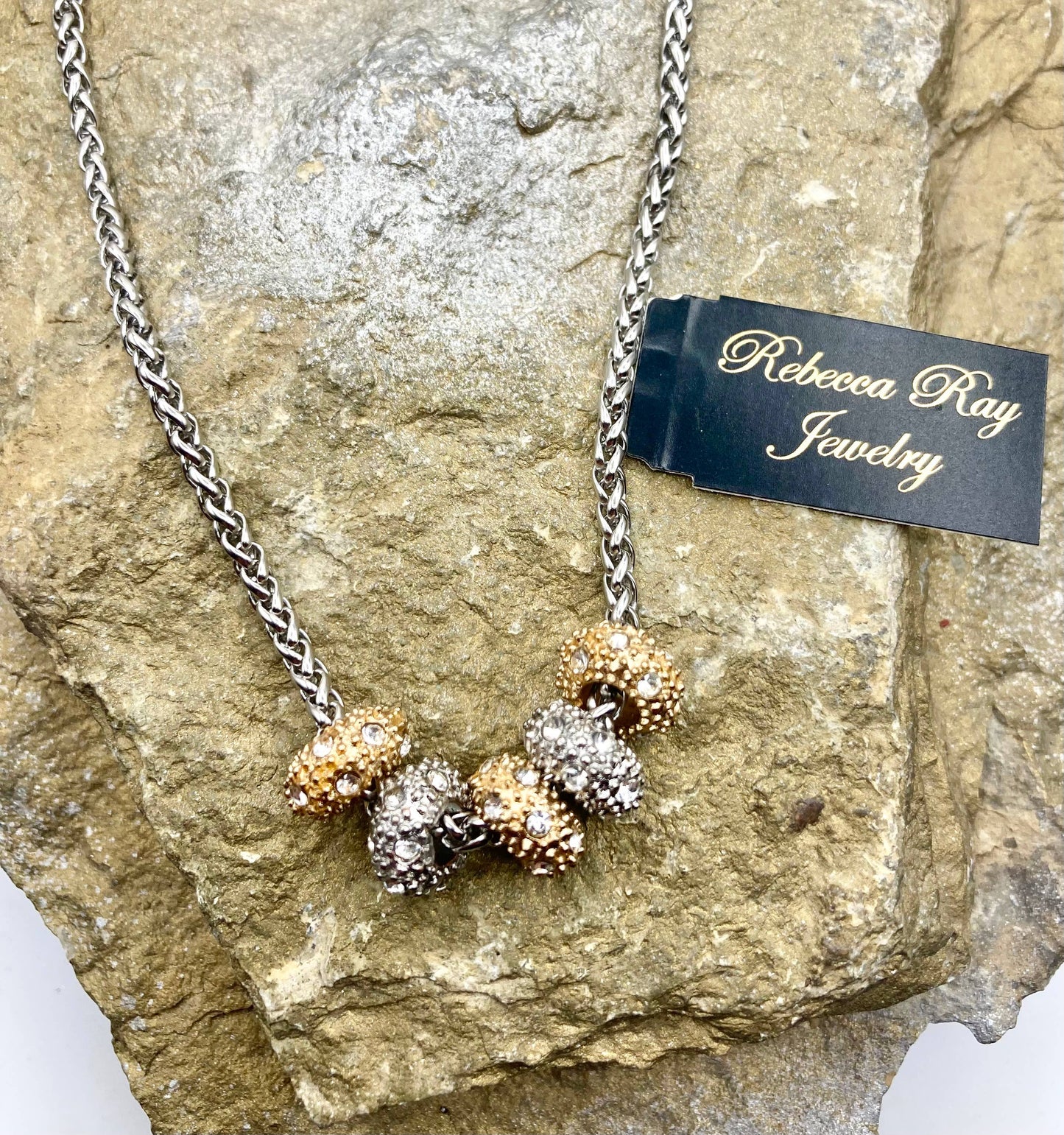 Crystal Charm Barrel Necklace: Silver
