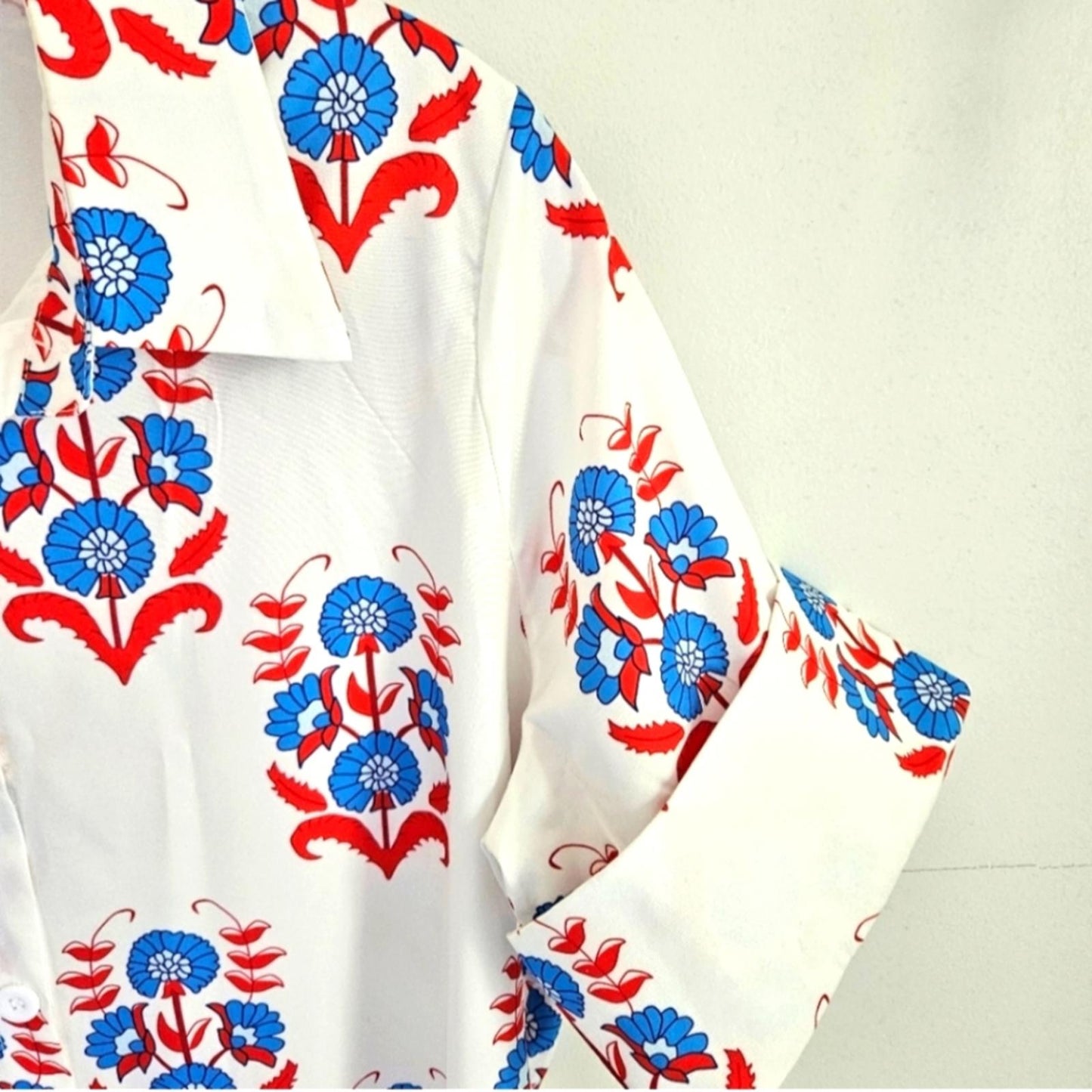 Folk art print red, white, blue maxi dress