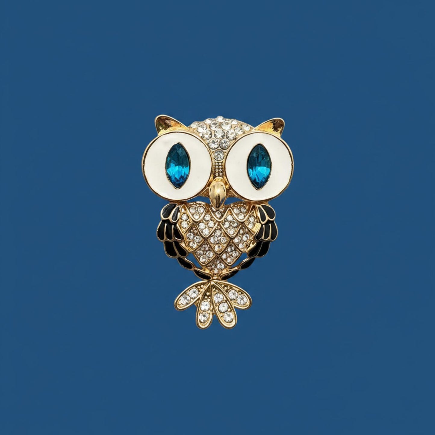 Vintage Owl Brooch Pin with Blue Rhinestone Eyes