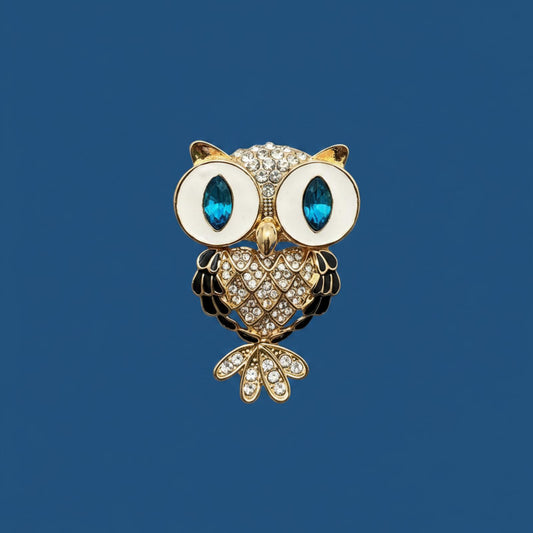 Vintage Owl Brooch Pin with Blue Rhinestone Eyes