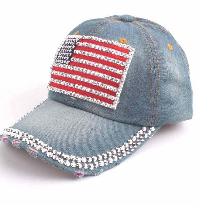 Fourth of July American flag rhinestones baseball cap: Mblue / M