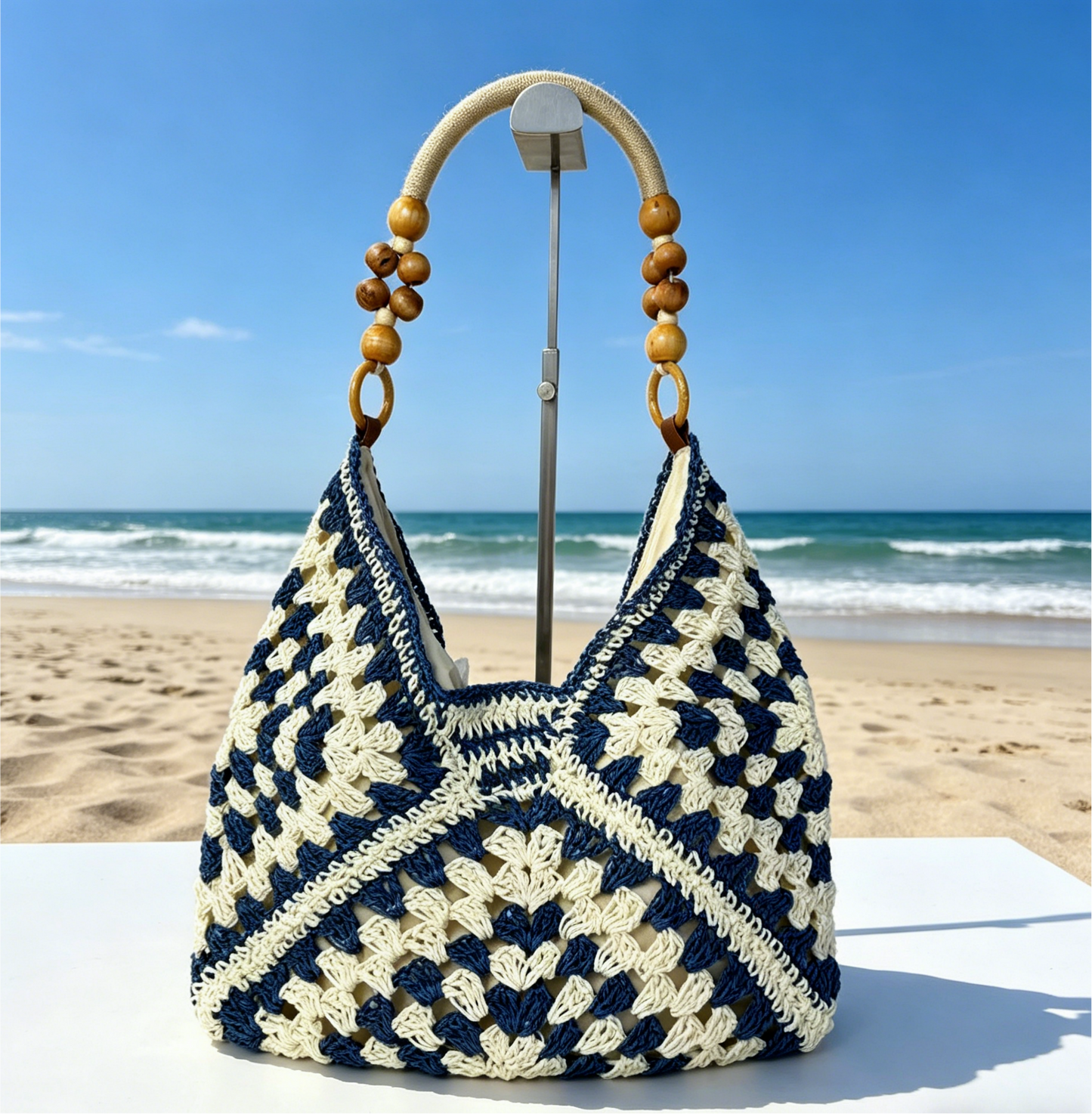 Crochet Straw Hobo Bag Bead Hollow Shoulder Bag: Khaki / M