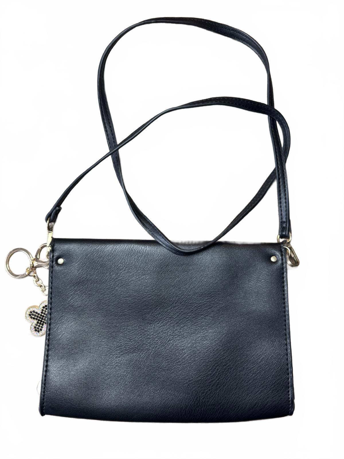 Black Faux Leather Crossbody Bag with Decorative Accent