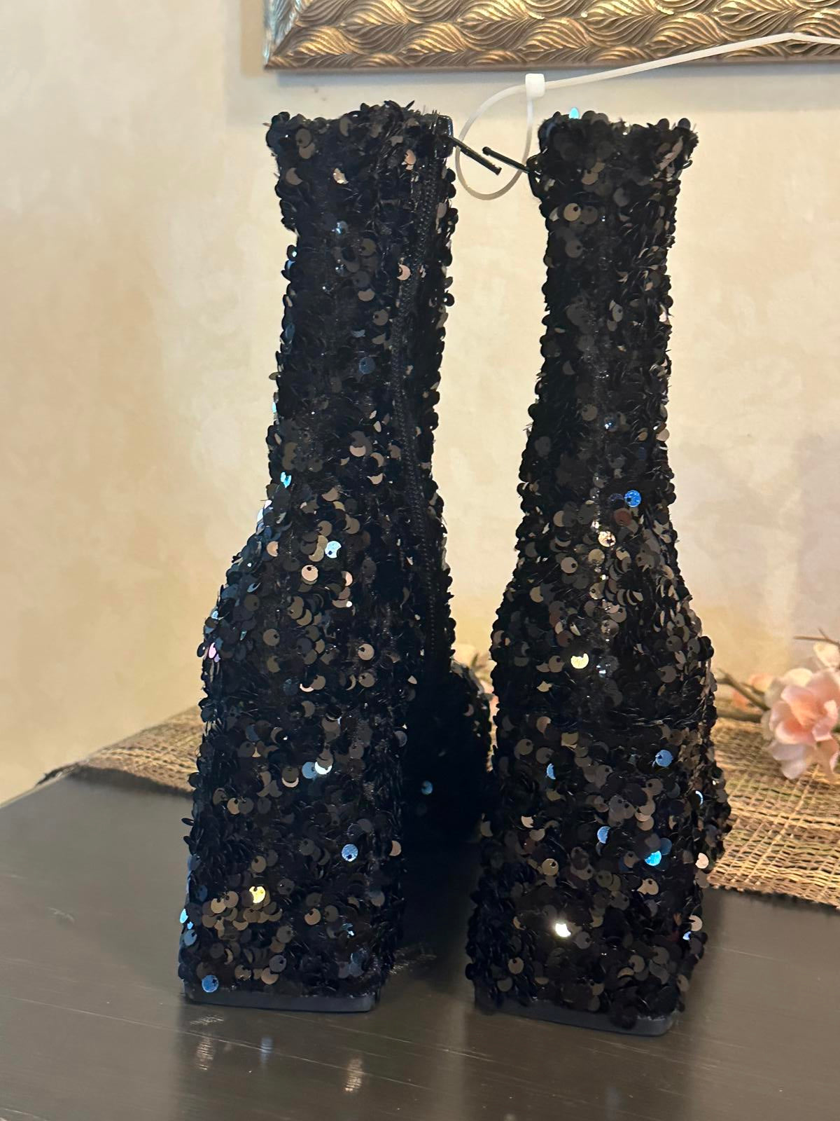 Black Sequin Women's Ankle Boots with Block Heel, Size 6M