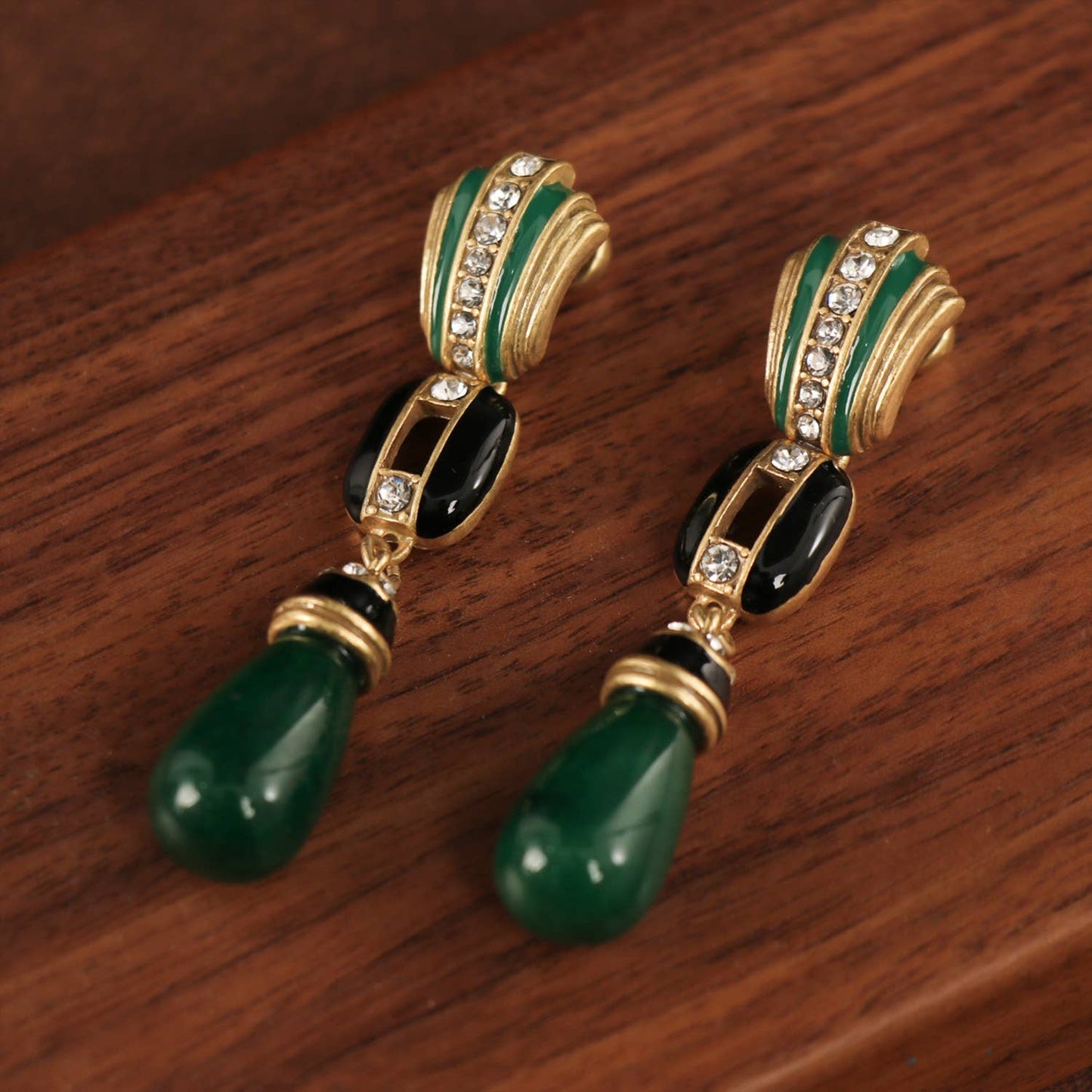 Vintage 18K Gold Plated Green Agate Enamel Dangle Earrings