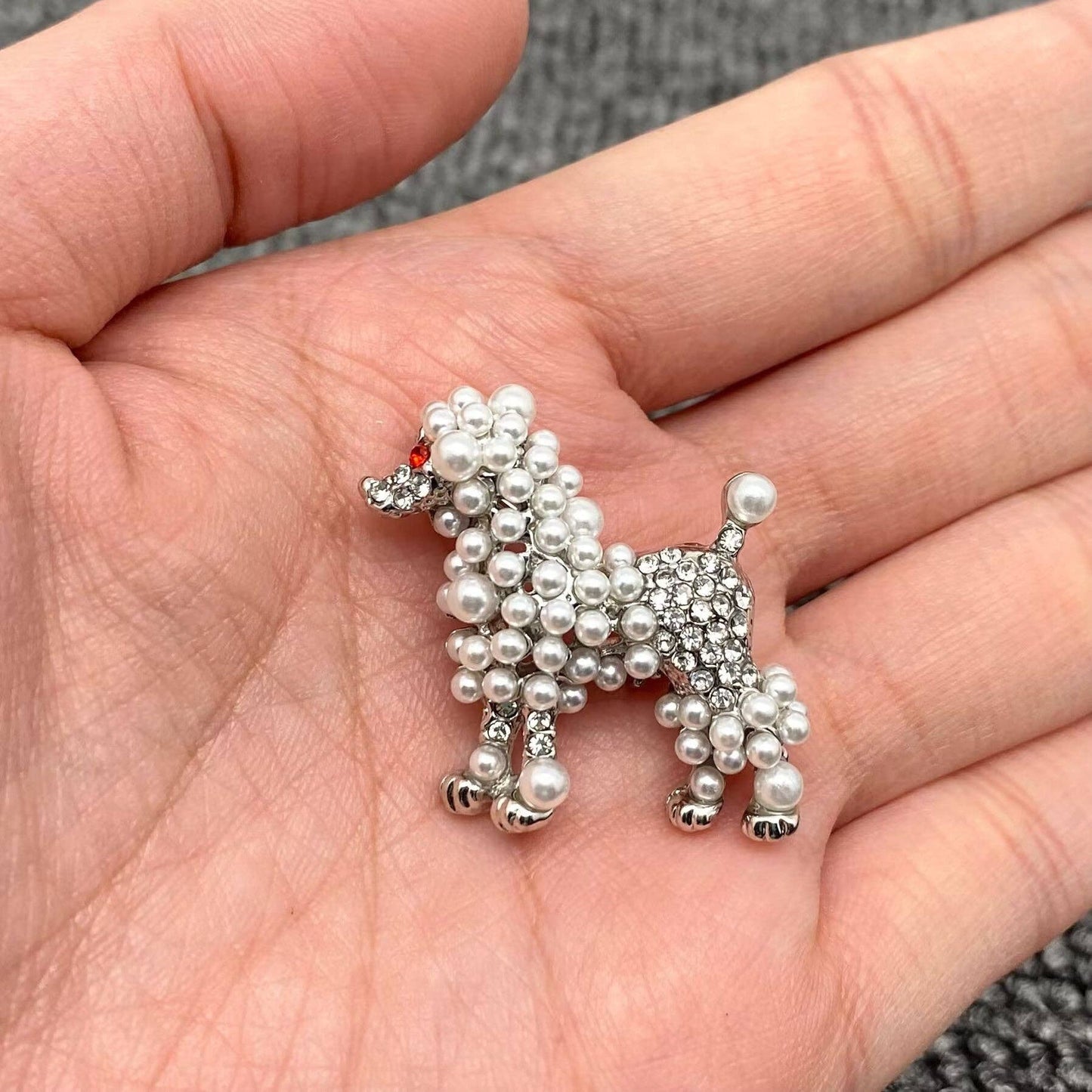 Full Rhinestone & Pearl Poodle Silver Brooch