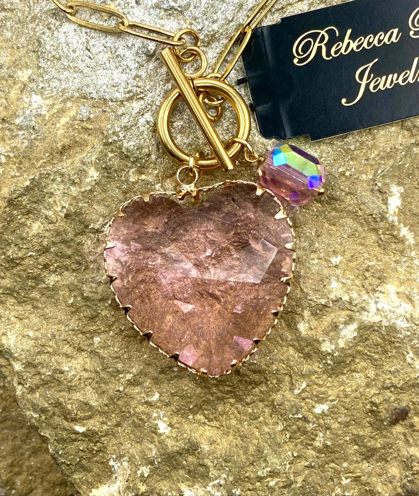 Charm Necklace with Pronged Crystal Heart Pendant: Pink