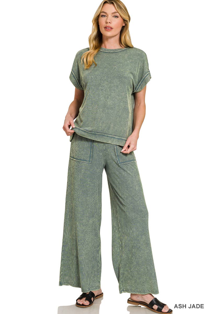 `Ribbed Washed Rayon Top & Pants Set Zenana: SLEET-186686 / M
