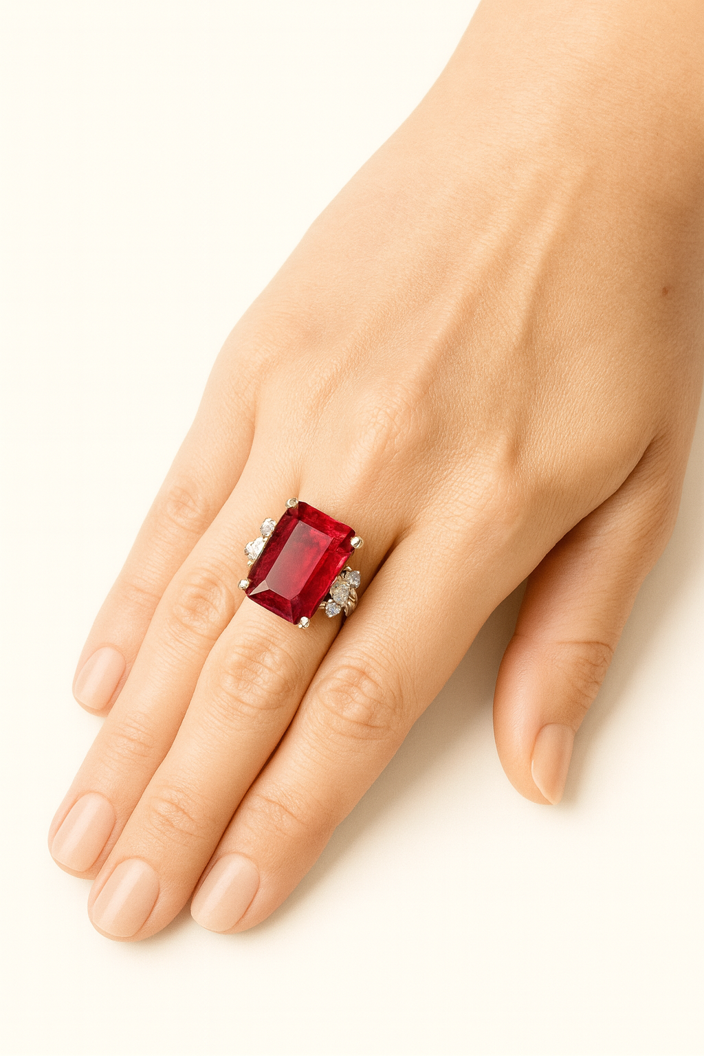 Solid 925 Silver Ring with Red Ruby-Style Stone and 10K Gold: 7
