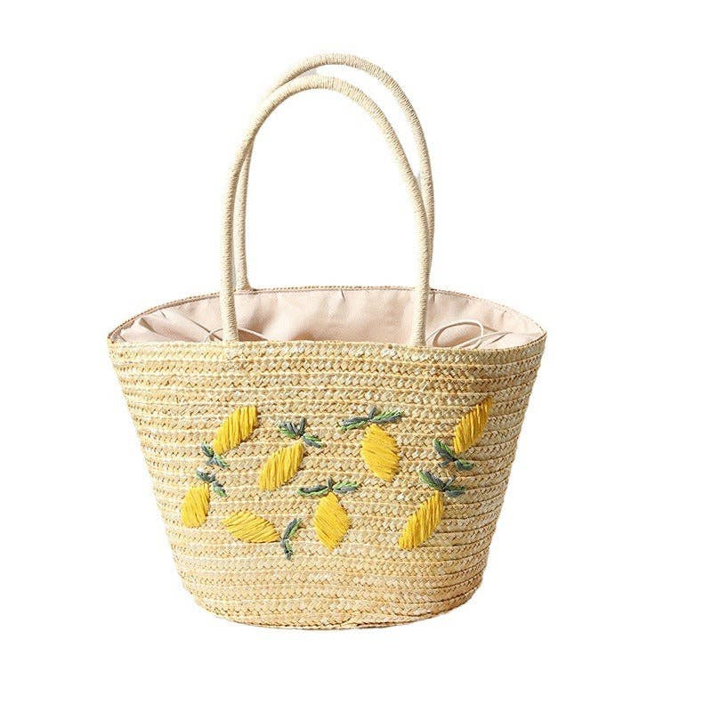 Handwoven Embroidered Lemon Straw Tote Bag: Machine-Sewn Lemon