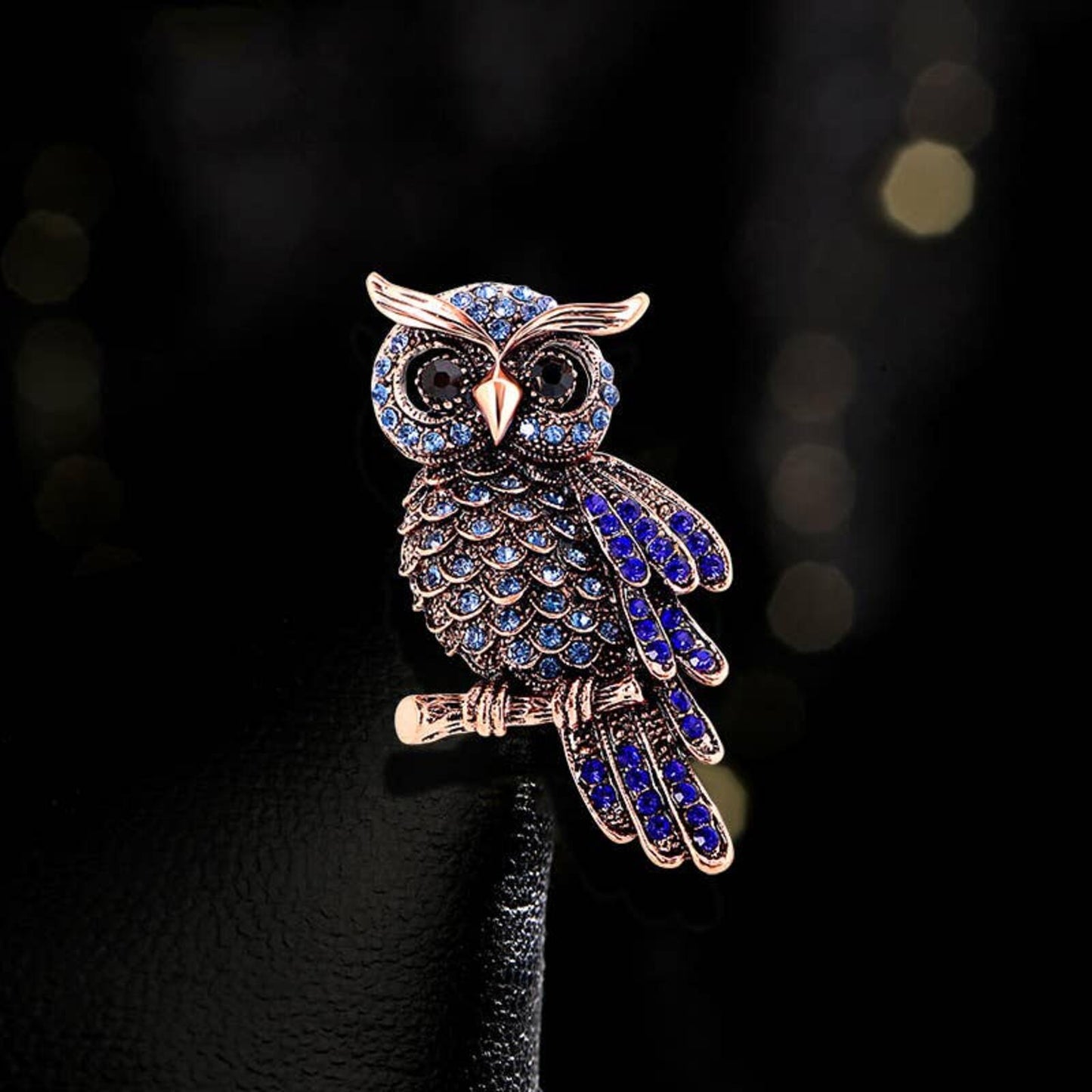 Rhinestone Studded Blue Owl Brooch and Rose Gold Tone
