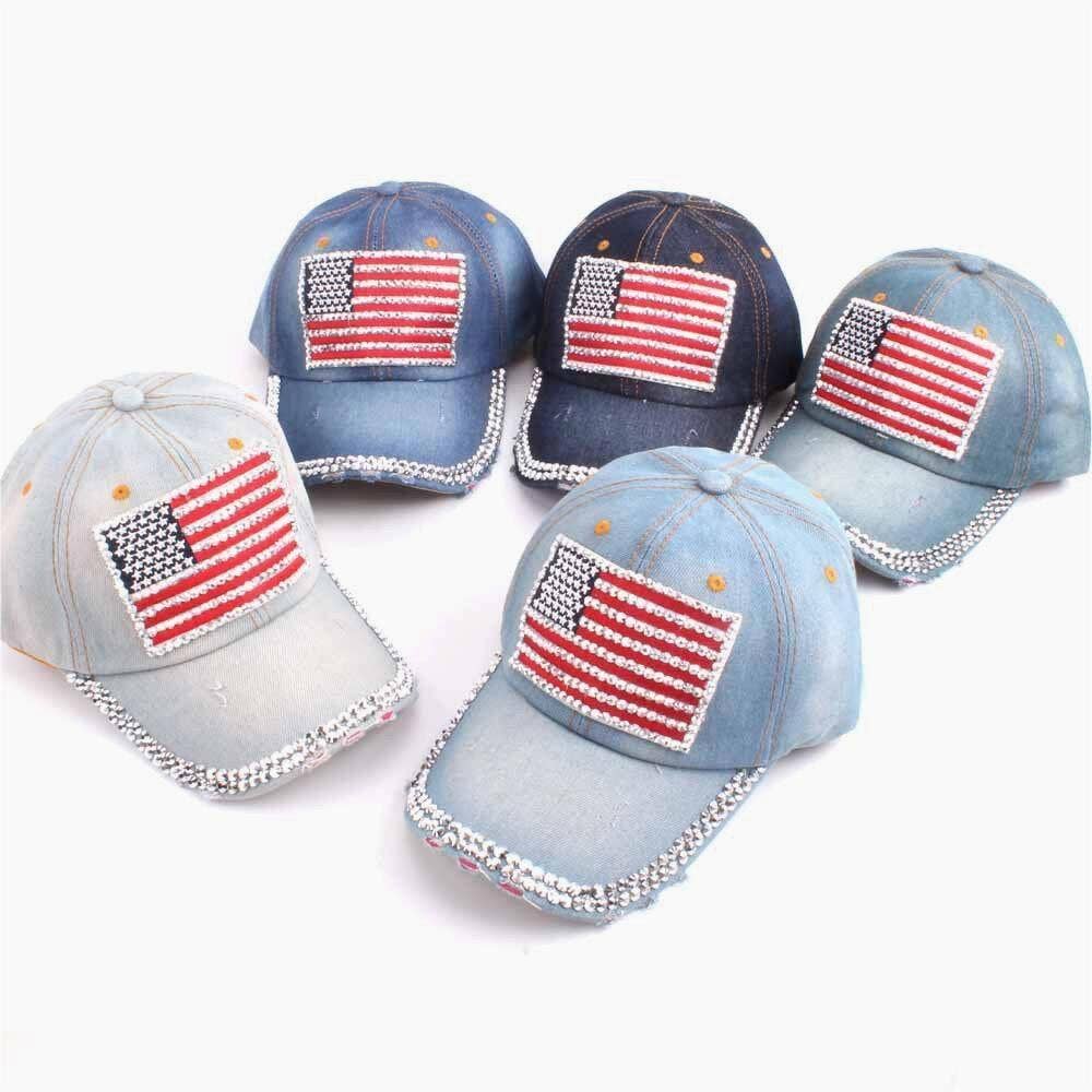 Fourth of July American flag rhinestones baseball cap: Mblue / M