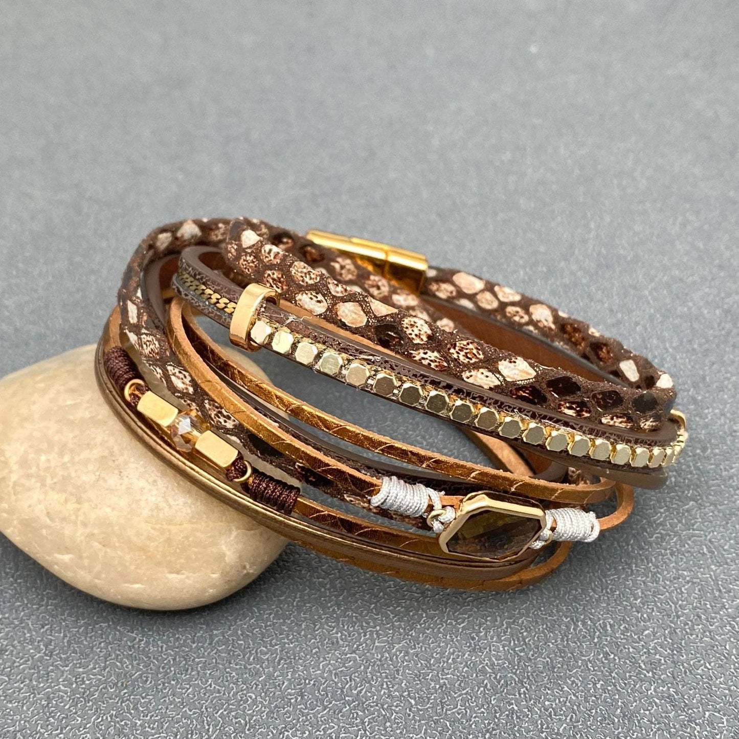 Crystal Charm Snakeskin Multi-Layer Leather Bracelet - LB