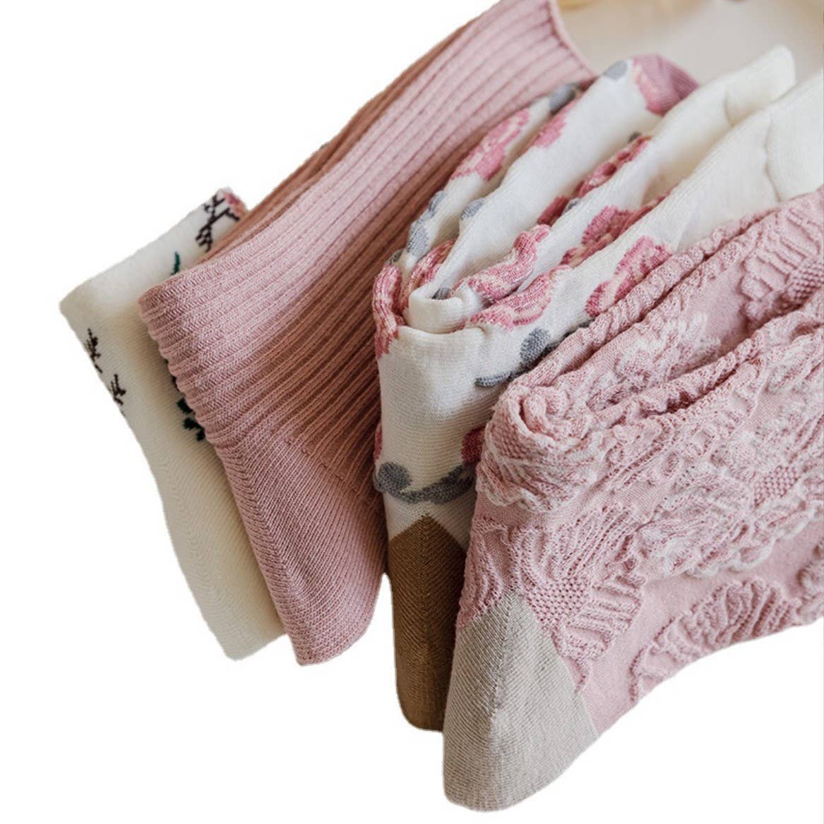 JCS015 White-Pink Floral Spring/Summer Socks: Assorted 4 pair per pack/ 1 pattern per pair/ min. 5 packs 20 pairs