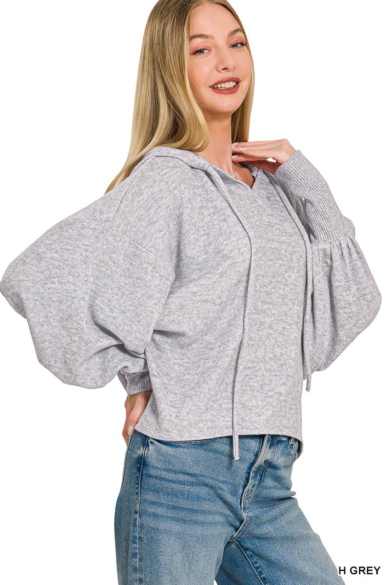Soft Brushed Hacci Cropped Balloon Sleeve Hoodie Zenana: DUSTY BLUE-201630 / L/XL