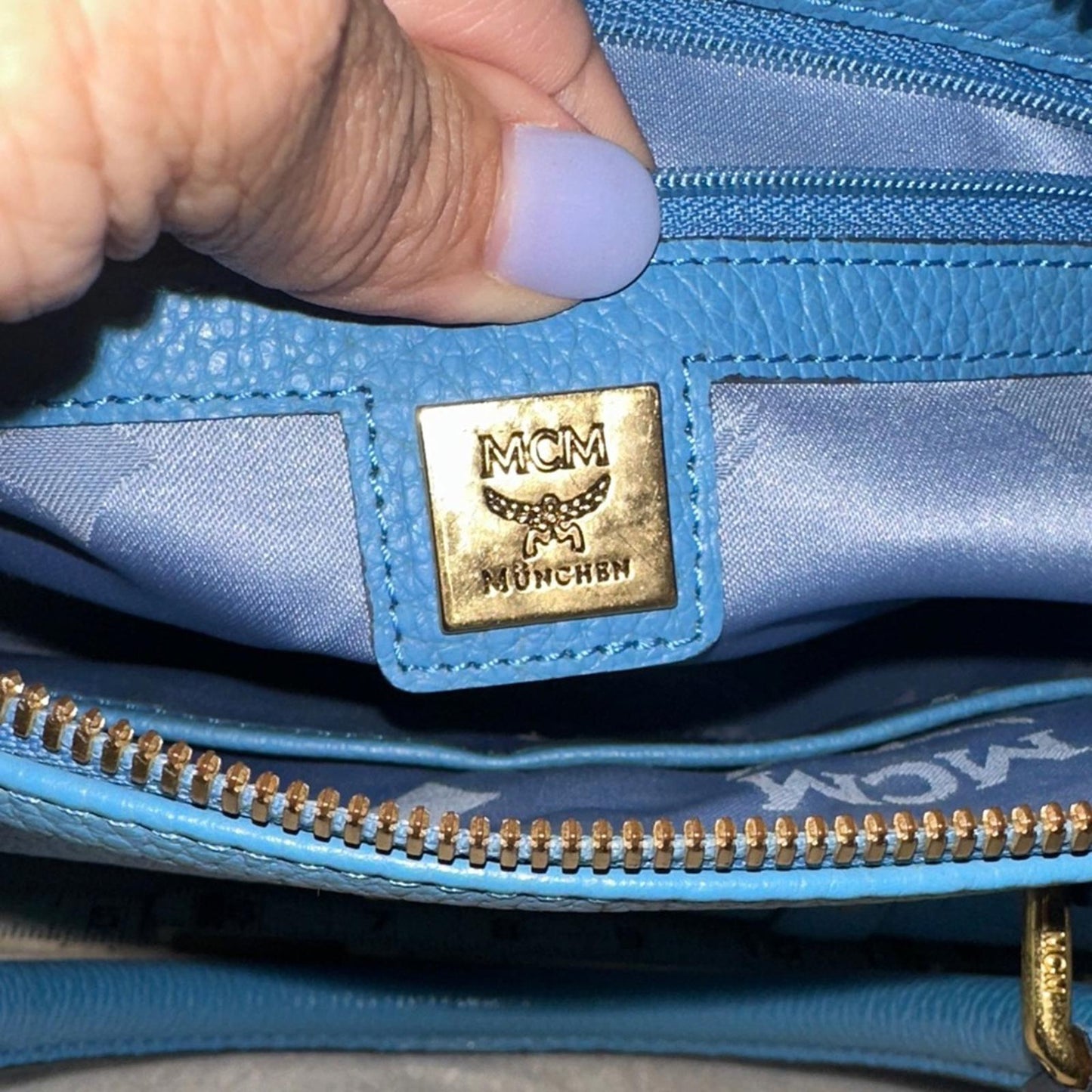 MCM Blue Leather Handbag with Gold Hardware