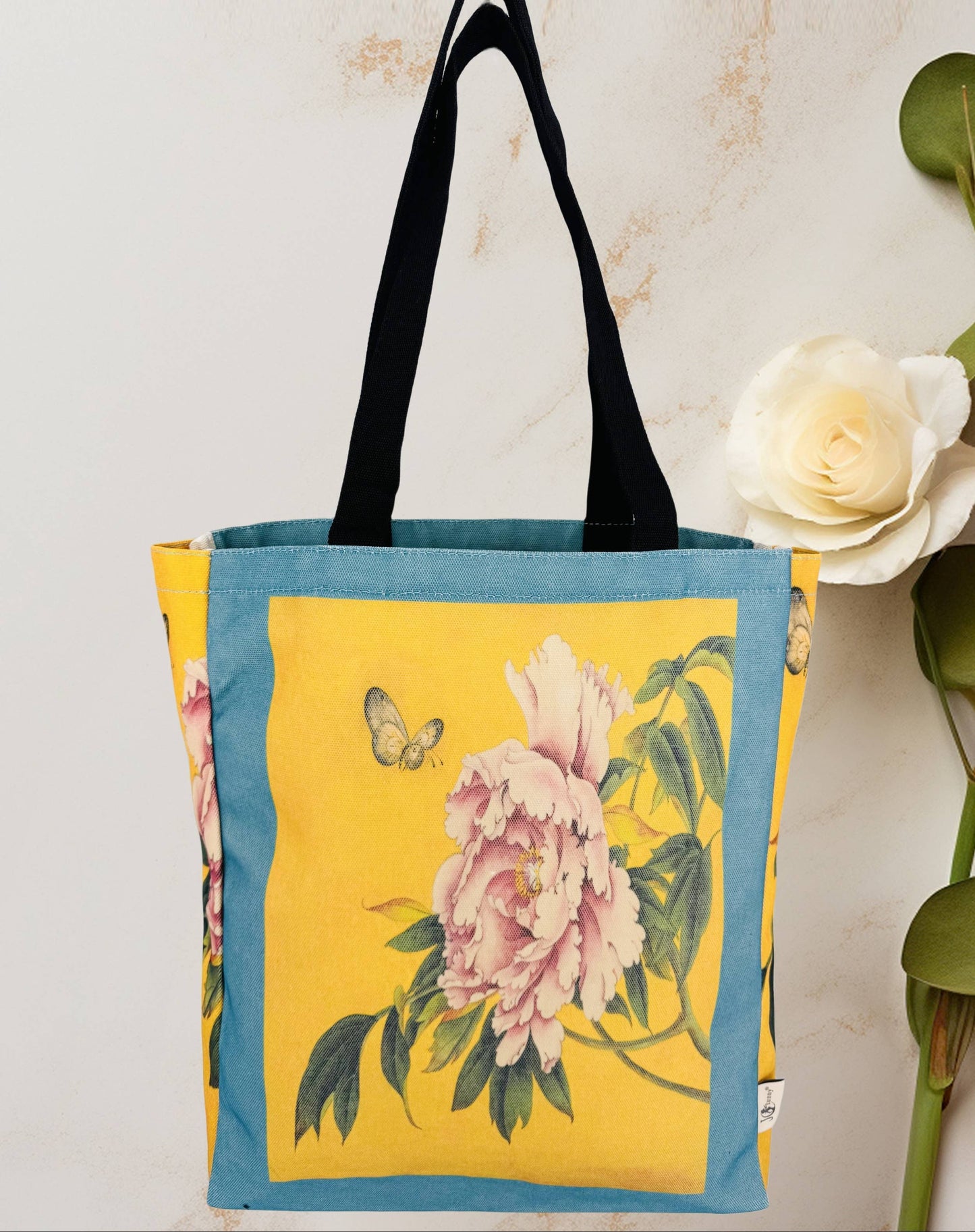 JCB16 Teal-Yellow Peony Luxury Thick Canvas Tote with Side Gusset