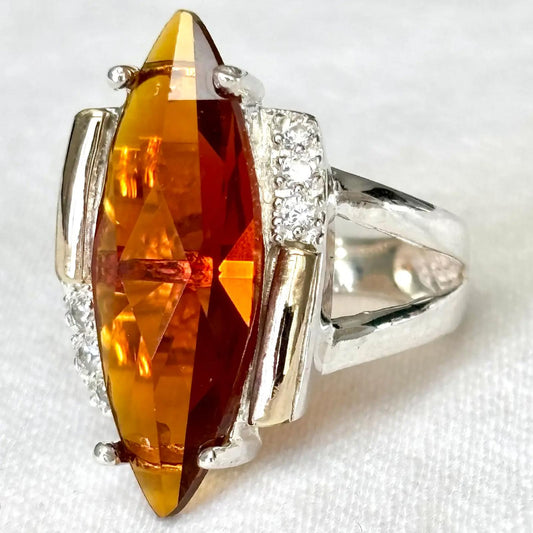 Amber Marquise Ring 925 Sterling Silver & 10K Gold-Laminat