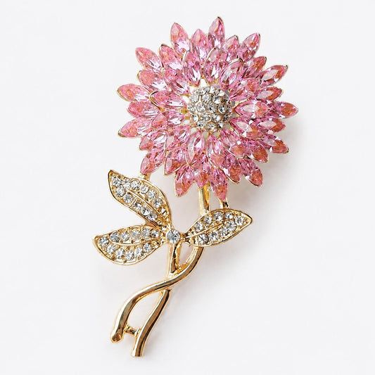 Elegant Pink Crystal Flower Brooch with Gold Tone Stem