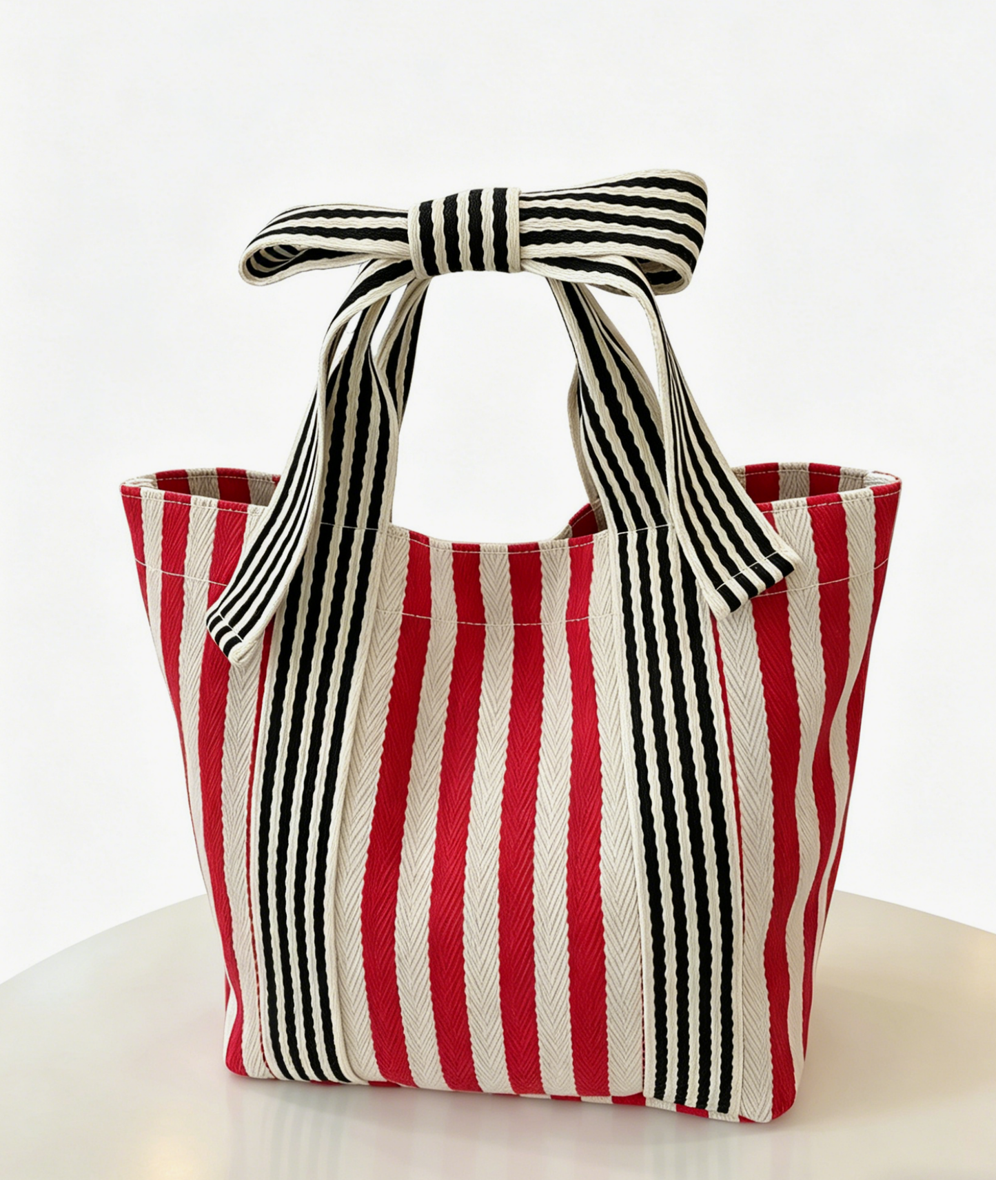 Striped Canvas Tote Bag Bow Handle Bag: Red / M