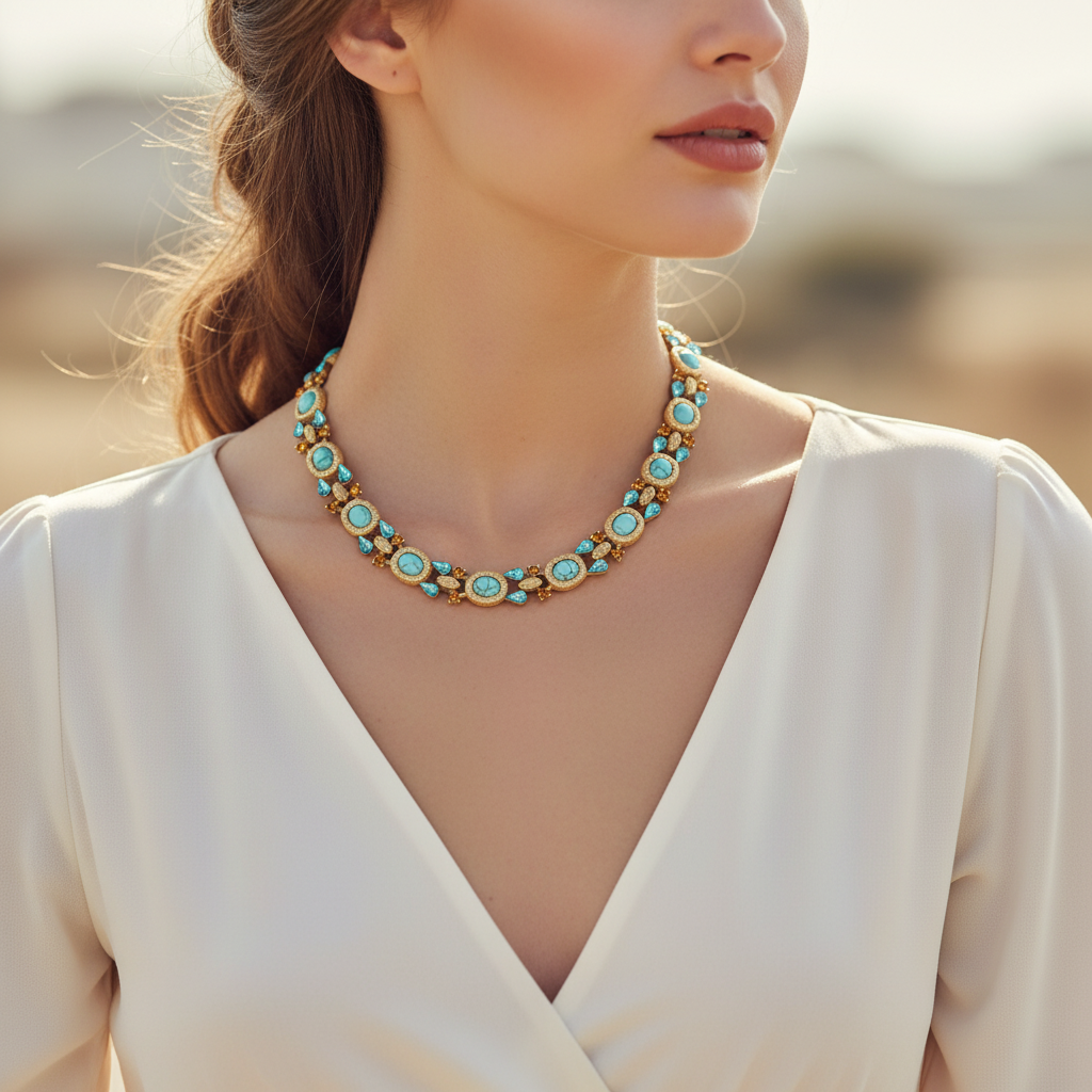 Vintage 18K Gold-Plated Turquoise & Crystal Necklace