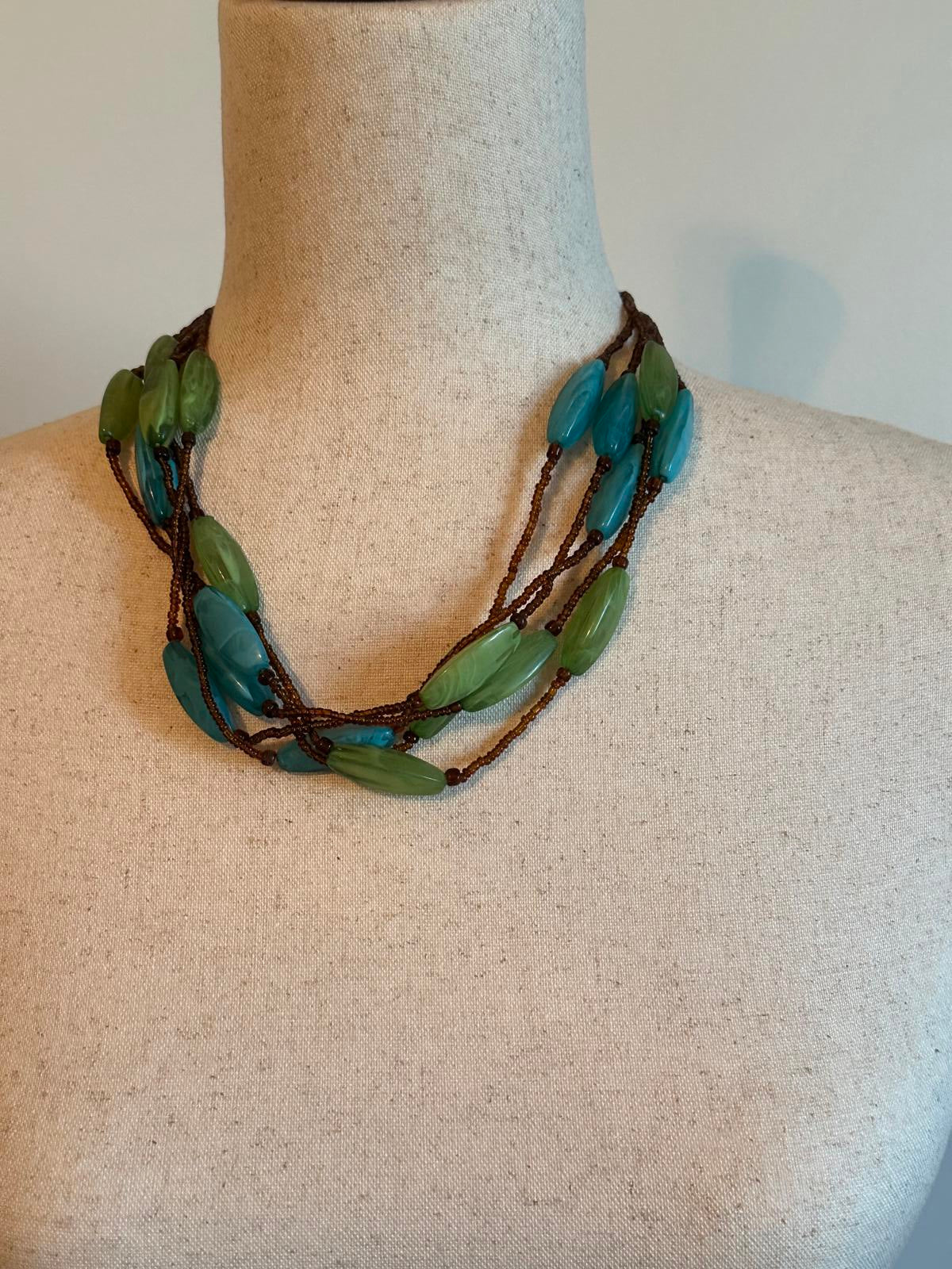 Multi-Strand Blue and Green Beaded Necklace