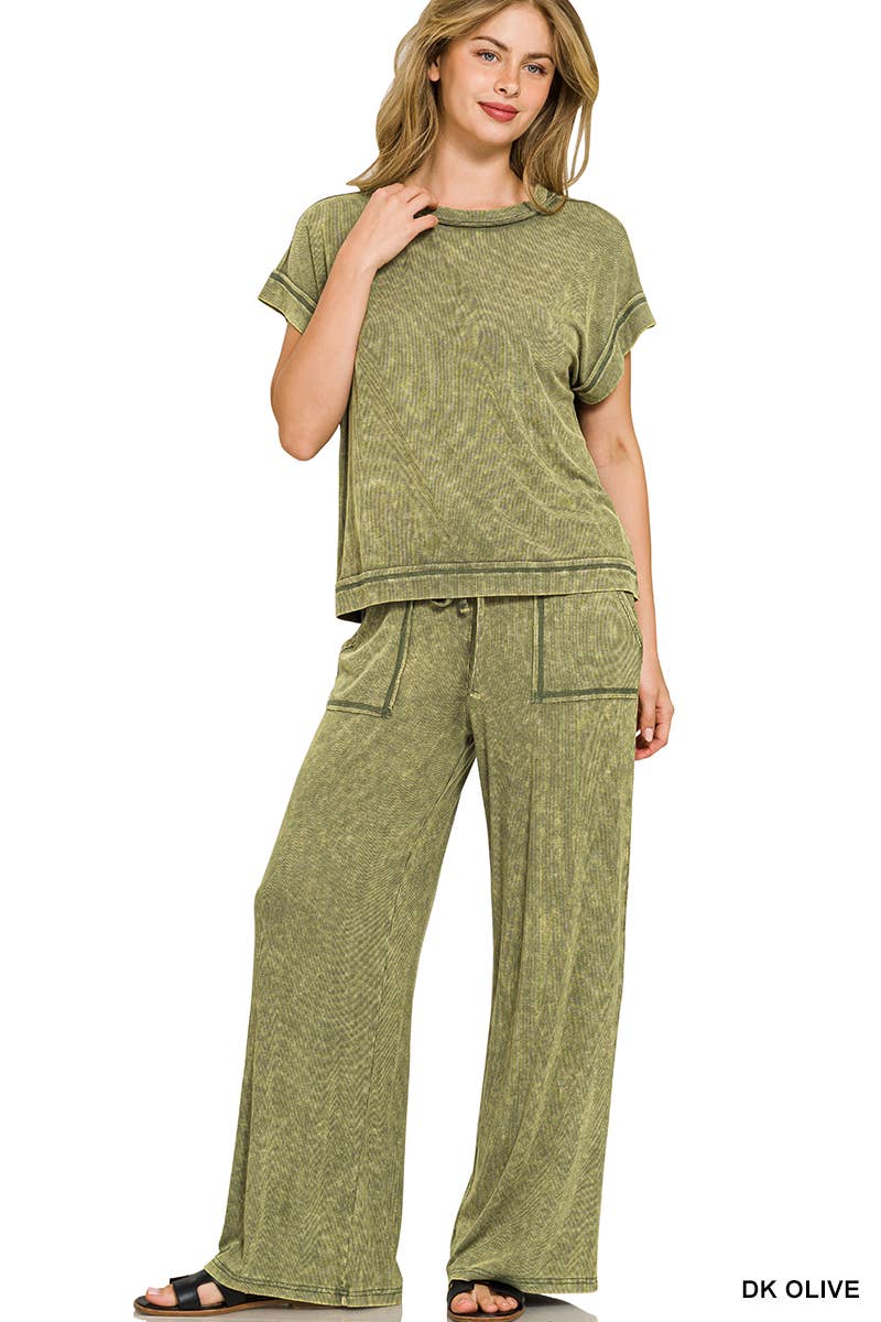 `Ribbed Washed Rayon Top & Pants Set Zenana: SLEET-186686 / M
